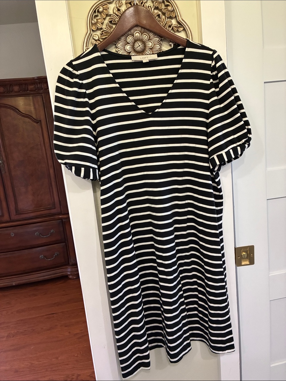 Loft Black and White Striped V-Neck Dress S